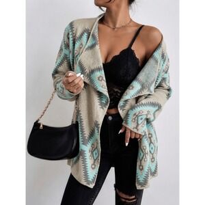 Renee C. Women L Open Front Cardigan Multi Chunky Nordic Knit Aztec Wool Mohair